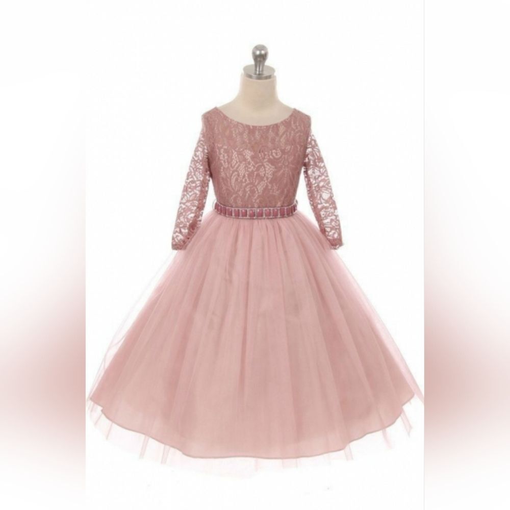 Girls Dress Mauve Long Sleeve Lace & Tulle Dress Size 13-14